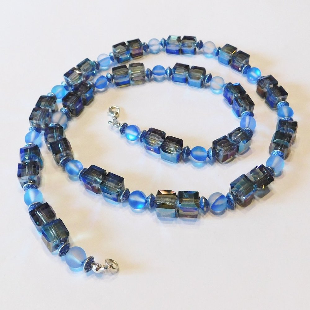 Handmade Blue Glass Beaded Necklace  - 28"